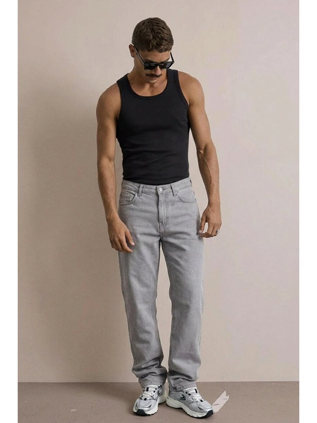 Erkek Yüksek Bel Comfort Gri Jean Pantolon-3