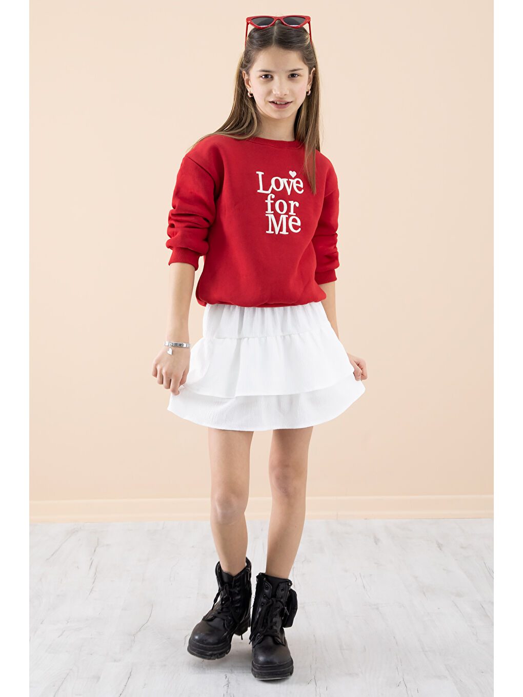 Kırmızı Şardonlu Kız Çocuk Etekli Takım 20251-4