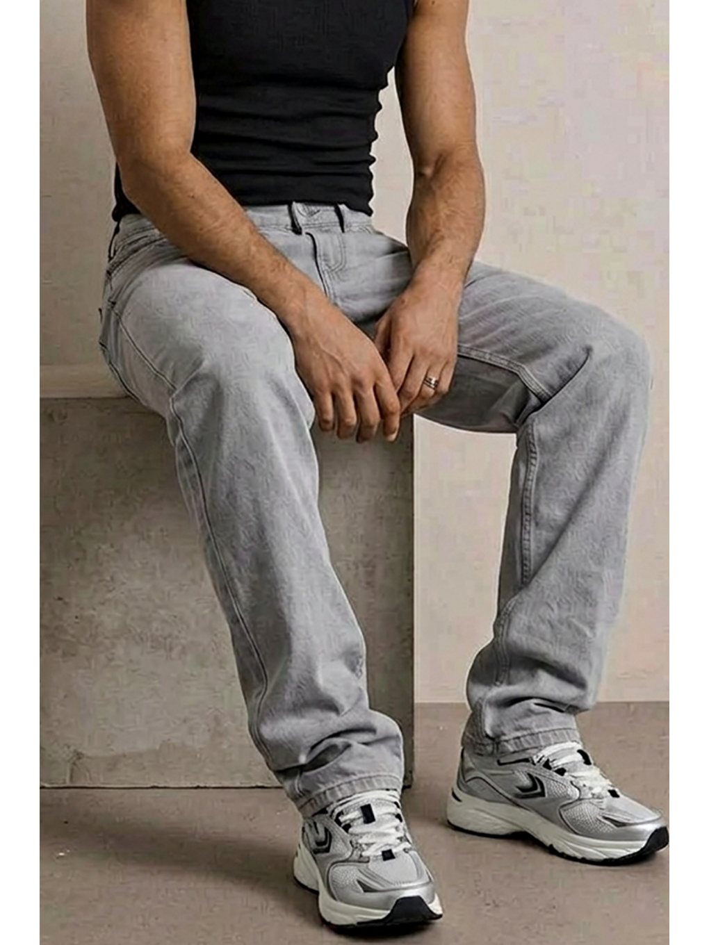 Erkek Yüksek Bel Comfort Gri Jean Pantolon-5