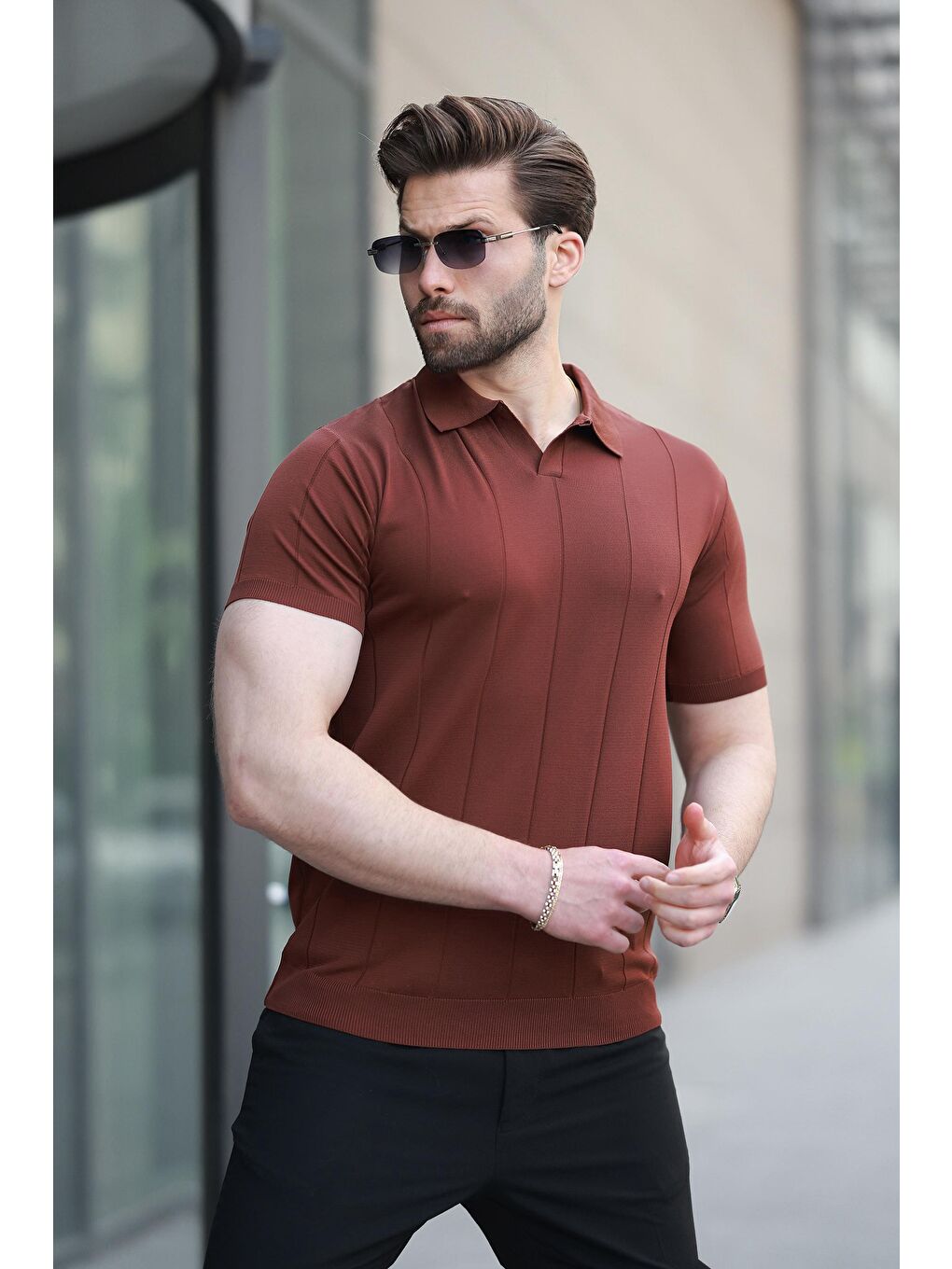 Kahverengi Kiremit Polo Yaka Triko Erkek Tişört E7417