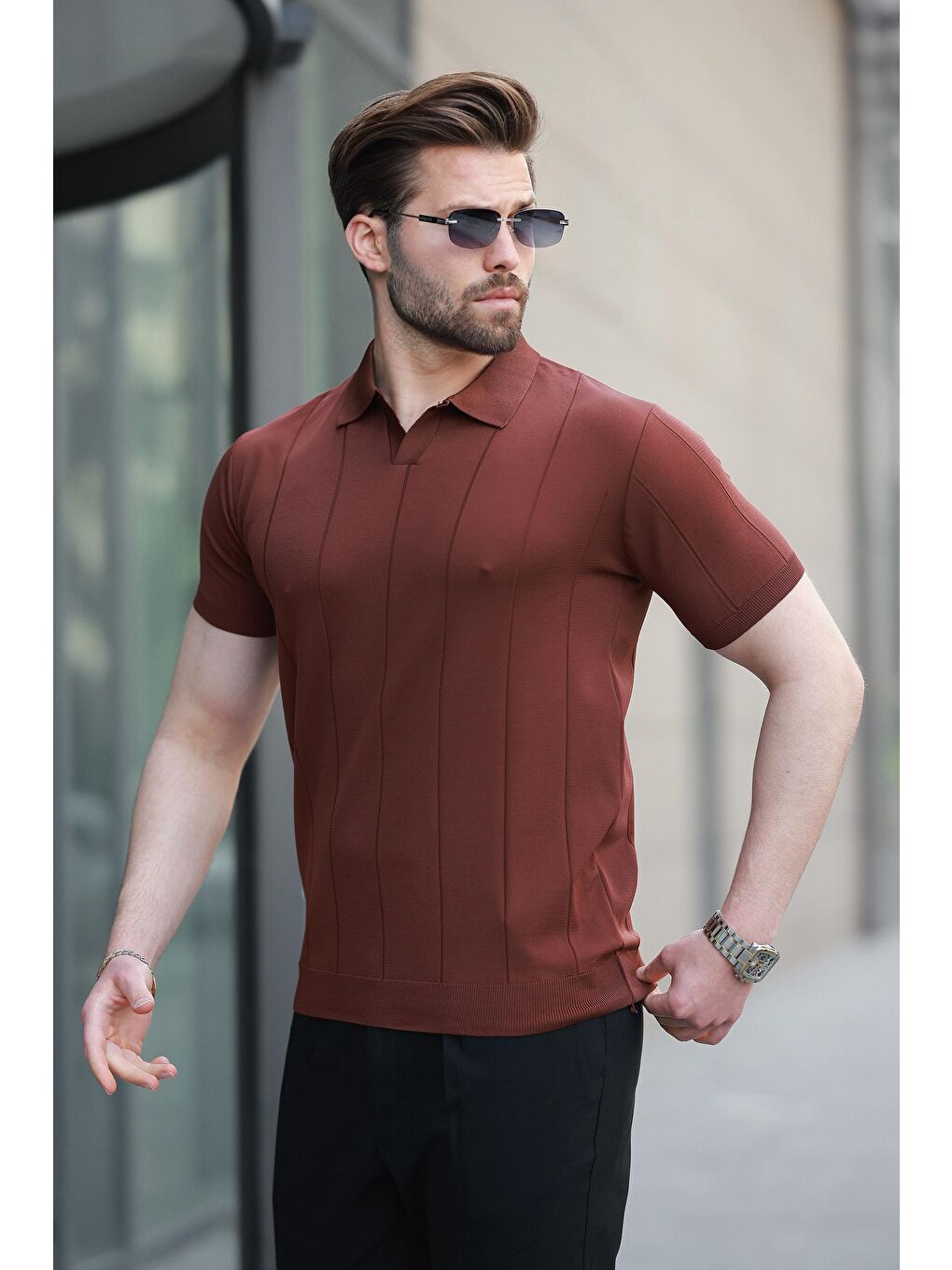 Kahverengi Kiremit Polo Yaka Triko Erkek Tişört E7417-2