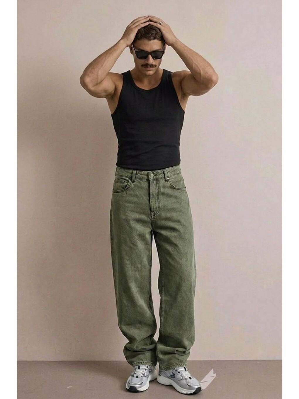 Erkek Yüksek Bel Comfort Haki Jean Pantolon-1
