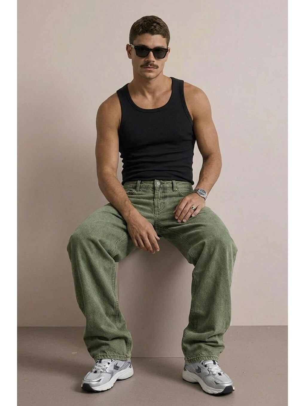 Erkek Yüksek Bel Comfort Haki Jean Pantolon-2