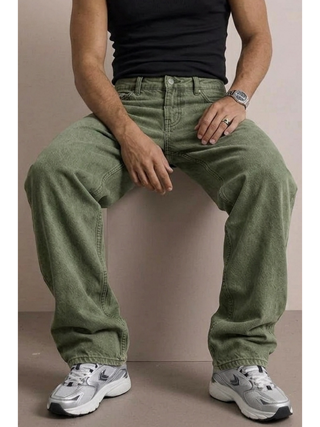Erkek Yüksek Bel Comfort Haki Jean Pantolon-5