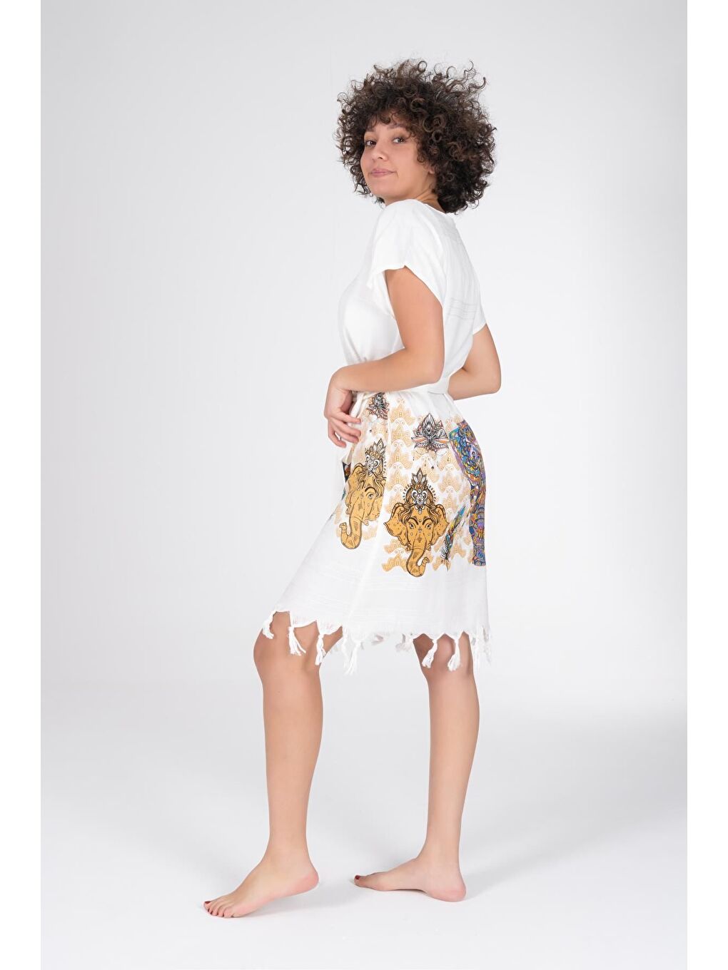 Ekru Baskılı Bambu Plaj Elbisesi-2