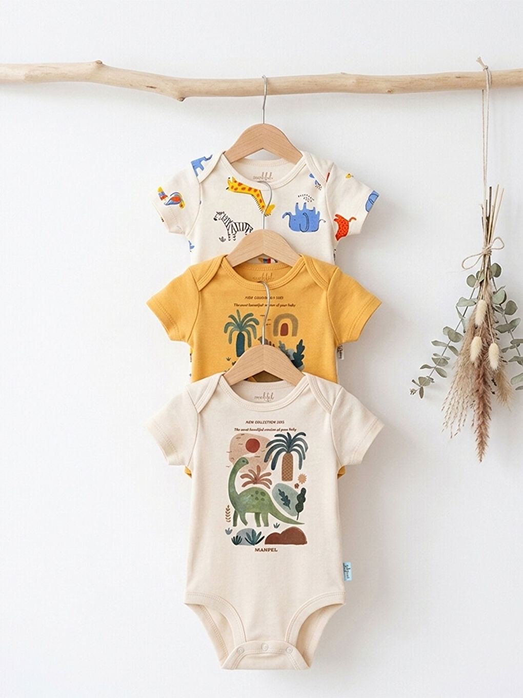 Gri 3'lü %100 Pamuklu Organik Baskılı Kısa Kollu Çıtçıtlı Bebek Body Zıbın 753-754-1