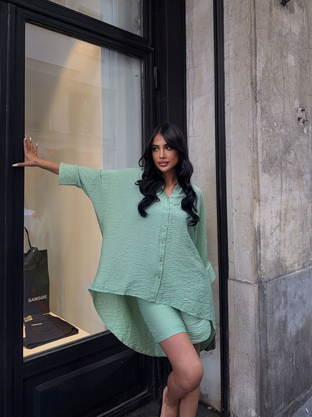 Keten Arkası Uzun Salaş Gömlek Şort Takım Yeşil-3