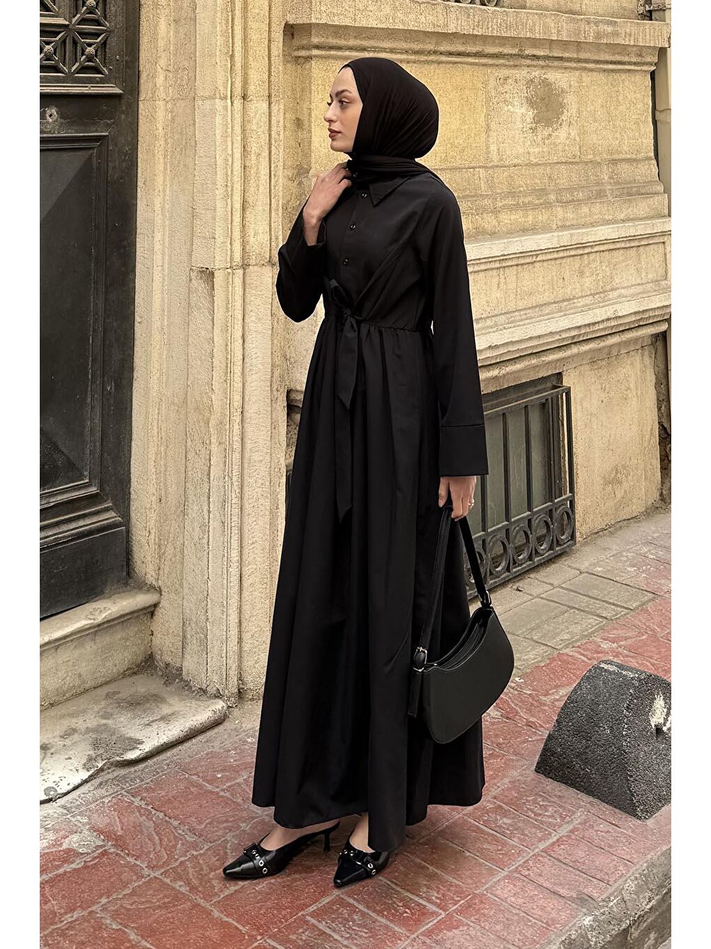 Ön Bağlama Detaylı Tesettür Elbise Siyah-3