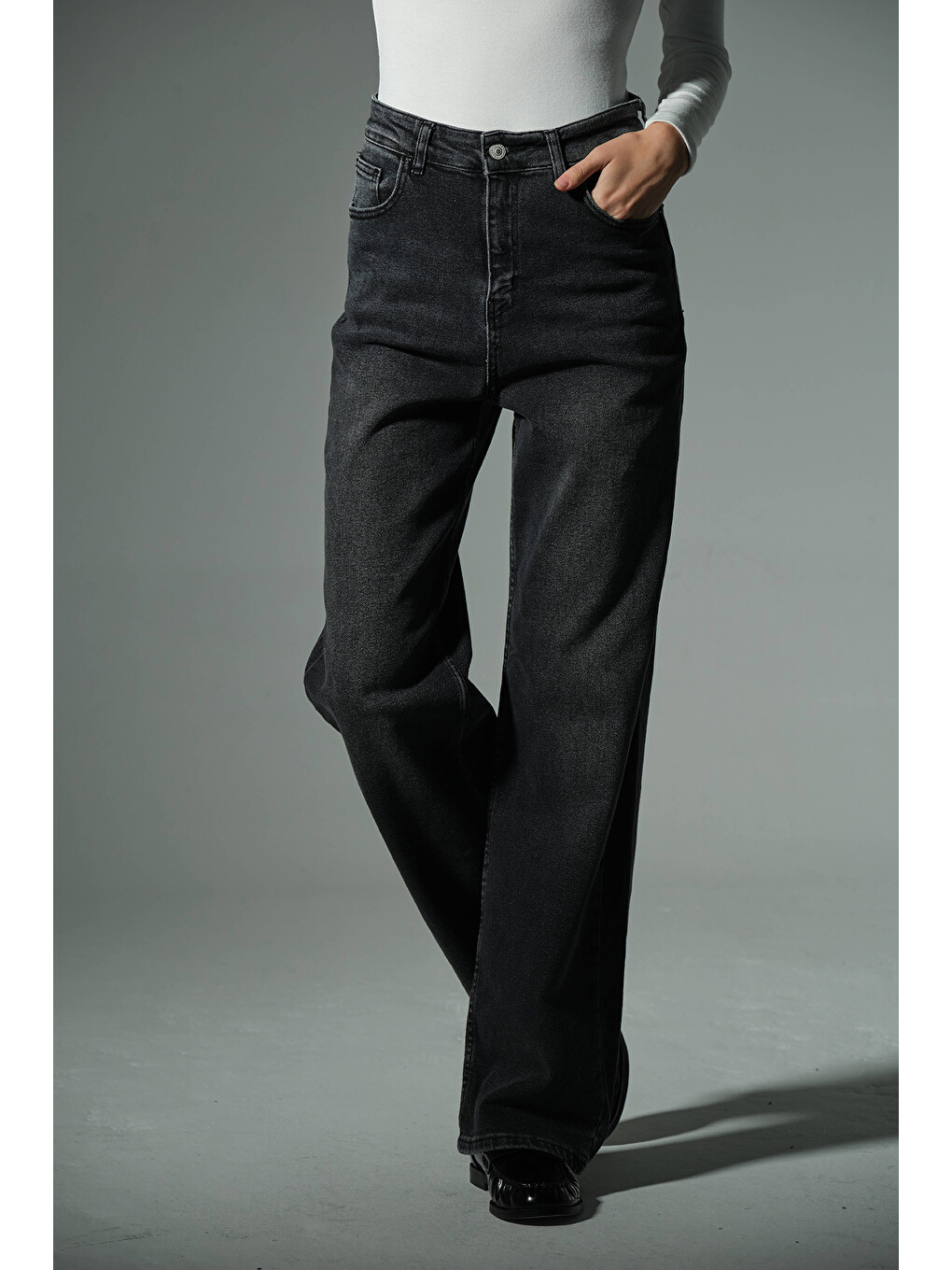 Gri üksek Bel, Esnek Denim Kumaş Geniş Paça Palazzo Kadın Jean Jean Pantolon @Cesena-1
