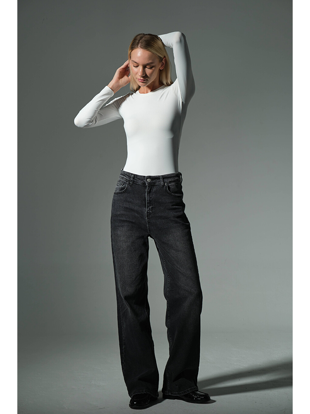 Gri üksek Bel, Esnek Denim Kumaş Geniş Paça Palazzo Kadın Jean Jean Pantolon @Cesena-2