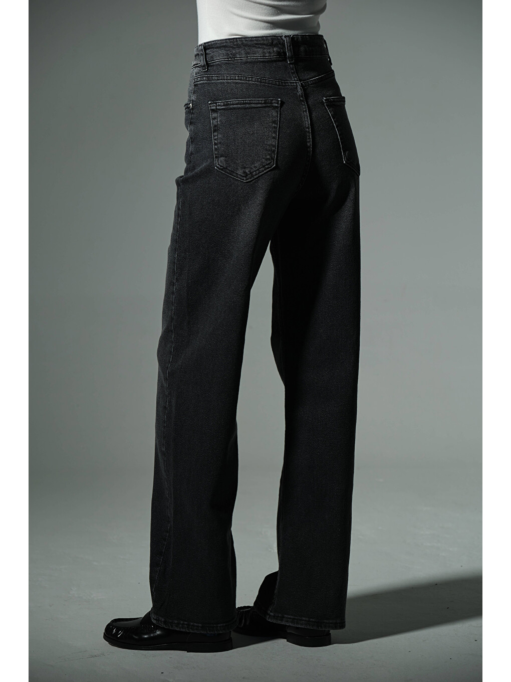Gri üksek Bel, Esnek Denim Kumaş Geniş Paça Palazzo Kadın Jean Jean Pantolon @Cesena-3