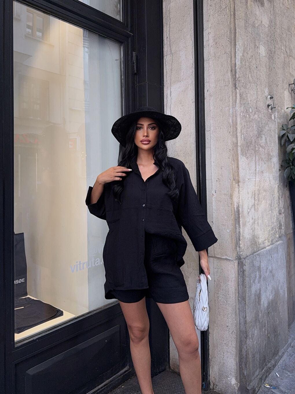 Keten Arkası Uzun Salaş Gömlek Şort Takım Siyah-4