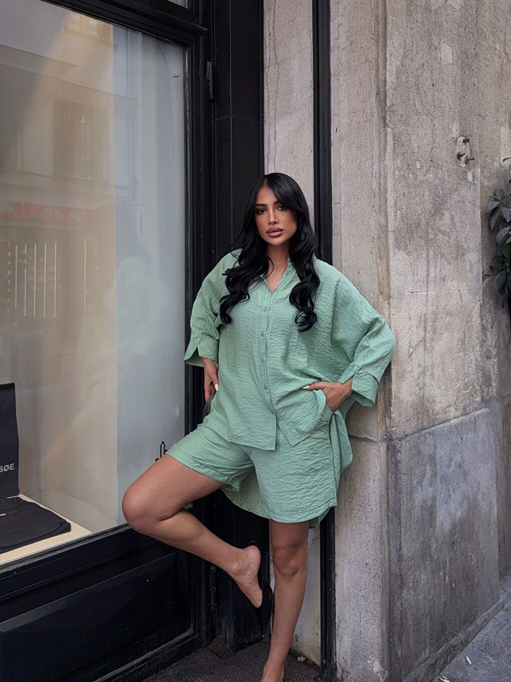 Keten Arkası Uzun Salaş Gömlek Şort Takım Yeşil-4