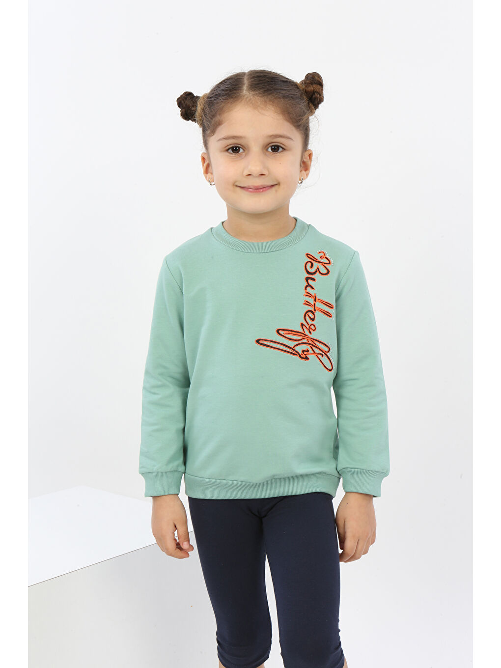 Toontoykids Yeşil Kız Çocuk Butterfly Nakışlı Sweatshirt