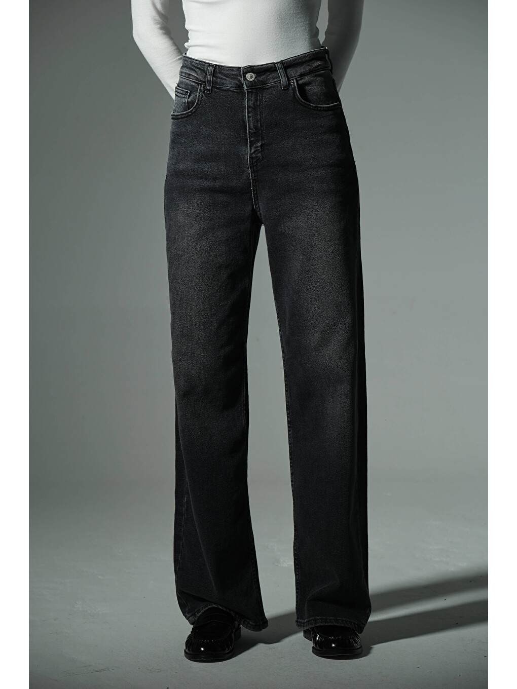 Gri üksek Bel, Esnek Denim Kumaş Geniş Paça Palazzo Kadın Jean Jean Pantolon @Cesena-7