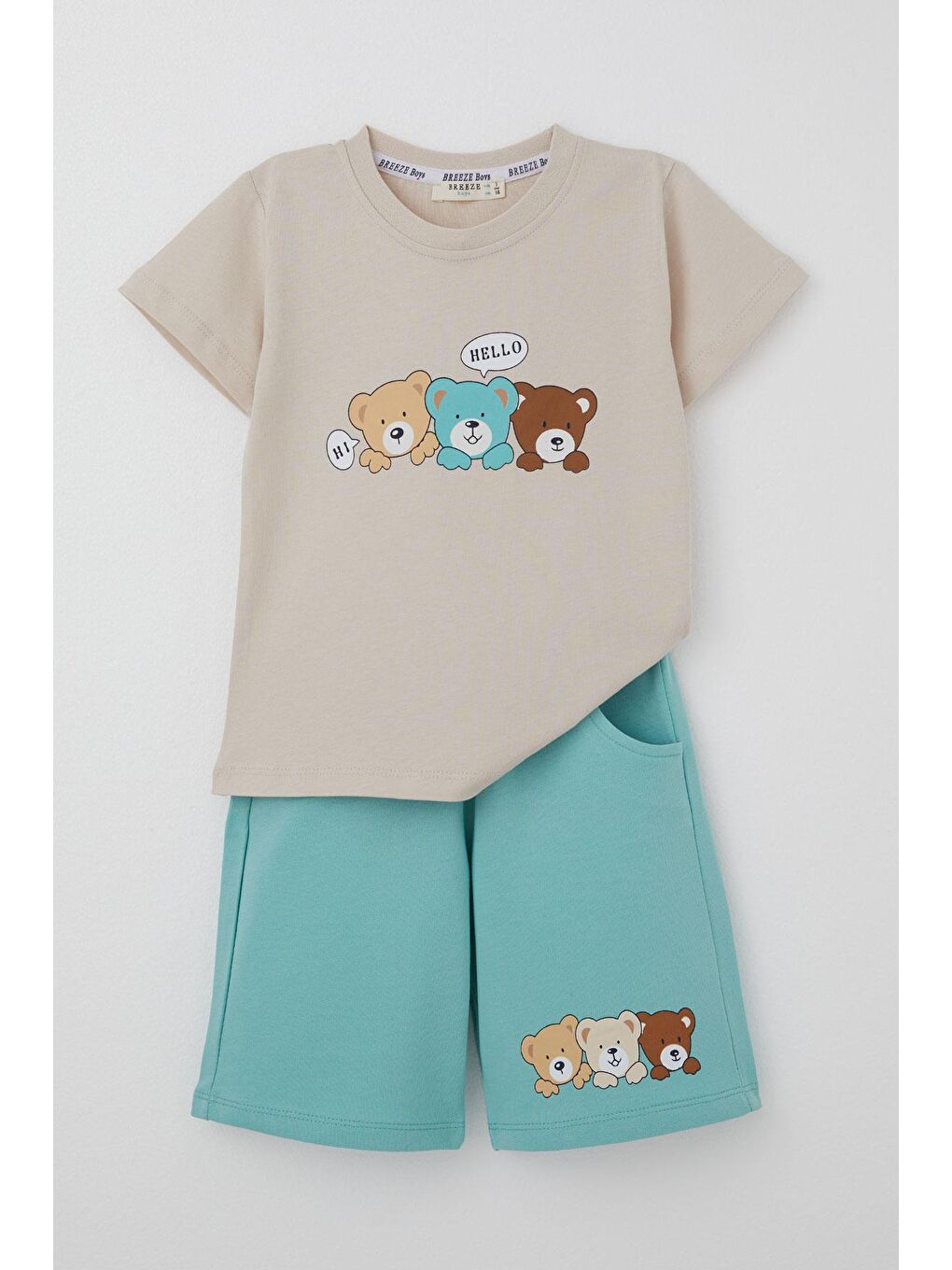 Erkek Bebek Şortlu Takım Sevimli Dostlar Baskılı Bej (9 Ay-1 Yaş)