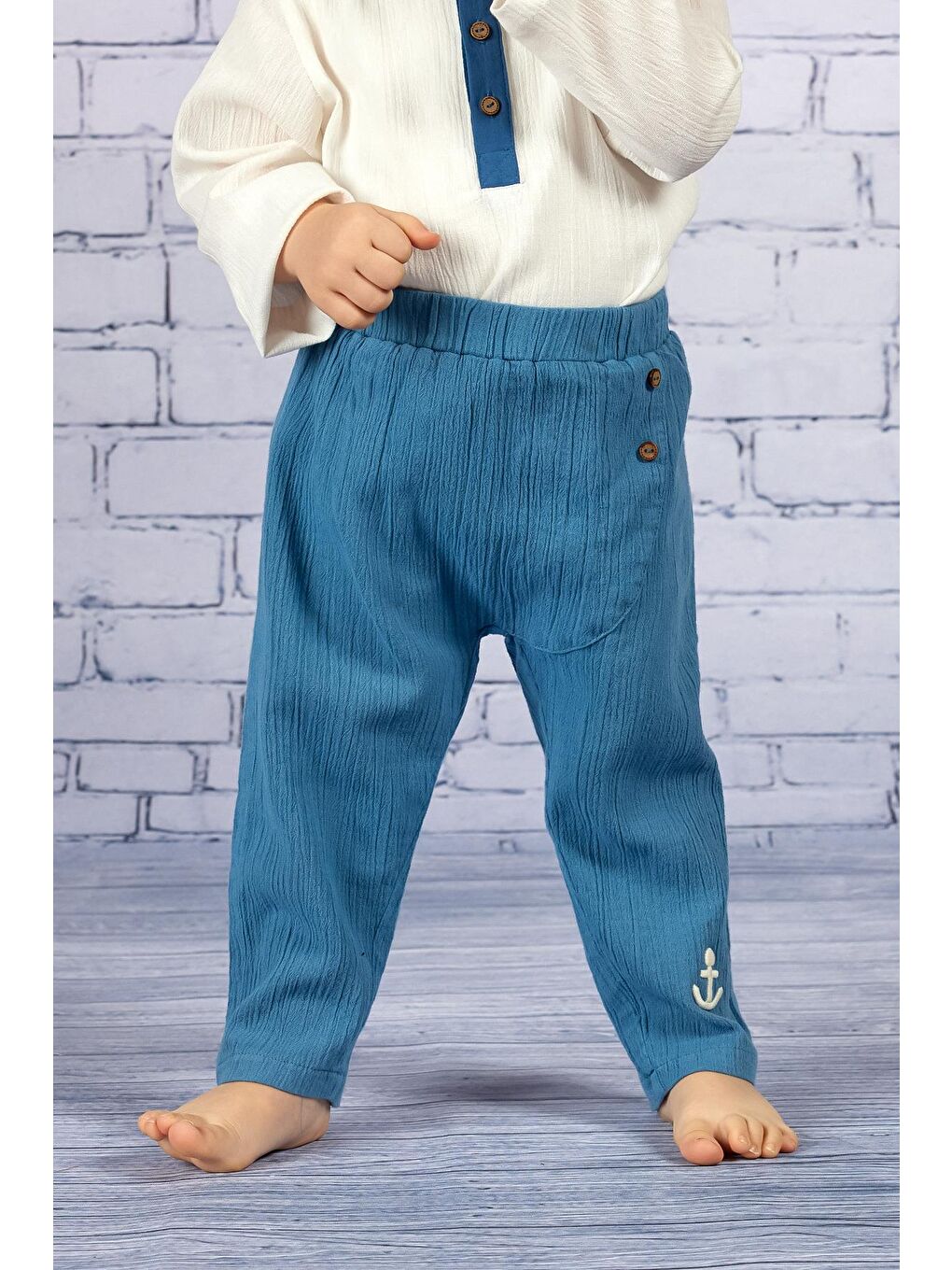 Mavi Erkek Bebek Çapa Nakış Detaylı Şile Bezi Pantolon-2