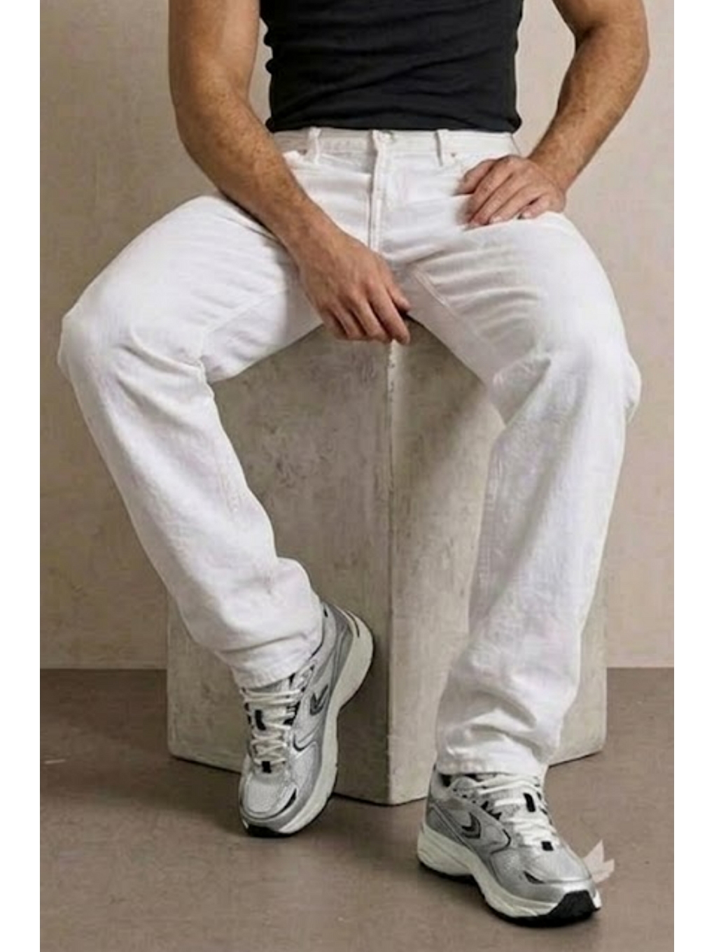 Erkek Yüksek Bel Comfort Beyaz Jean Pantolon-5