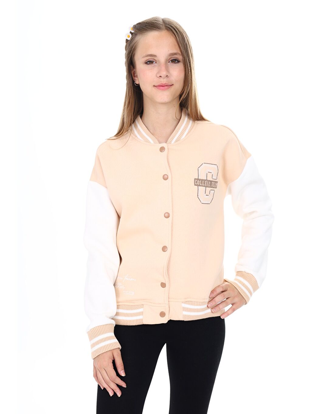 Bej Kız Çocuk Nakışlı Kolej Hırka-1