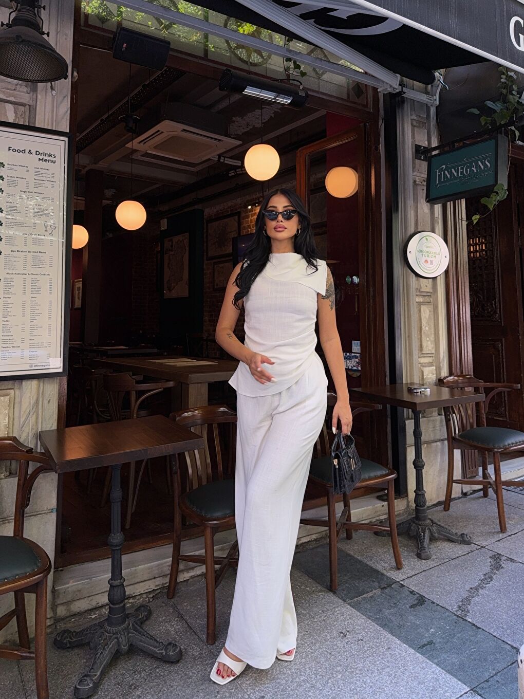 Beyaz Pantalon Asimetrik Bluz Keten Takım-1