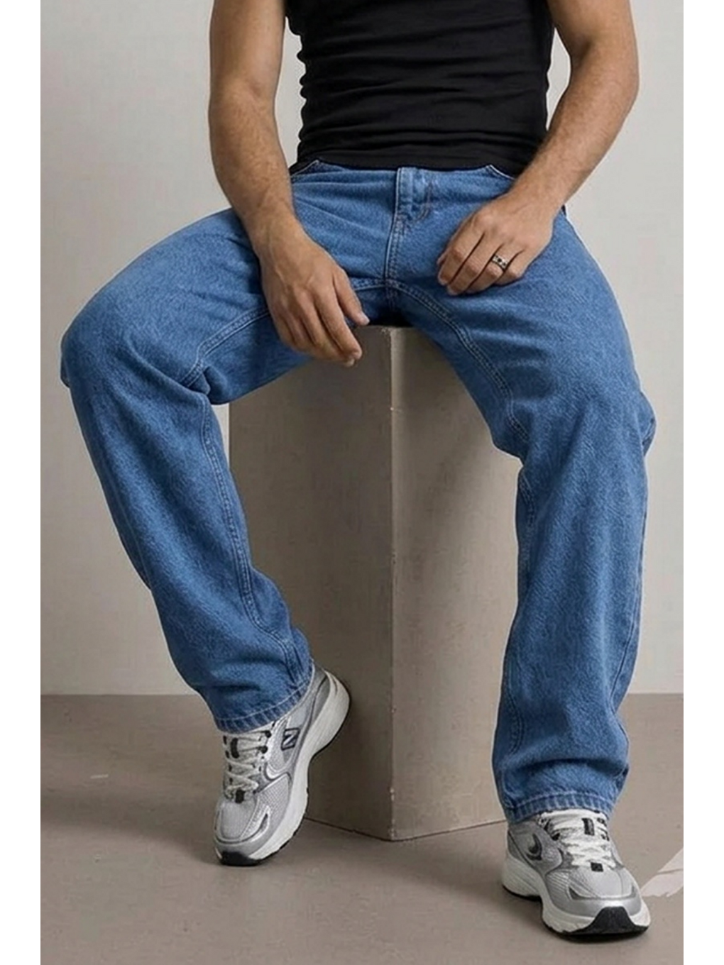 Erkek Yüksek Bel Comfort Mavi Jean Pantolon-5