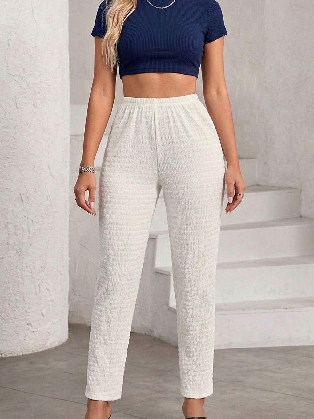 Kadın Beyaz Yüksek Bel Bürümcük Kumaş Yazlık Ev & Günlük Pantolon-1