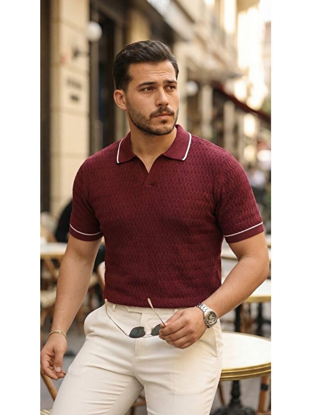 Bordo Erkek Zikzak Dokulu Yakalı Kısa Kollu Triko