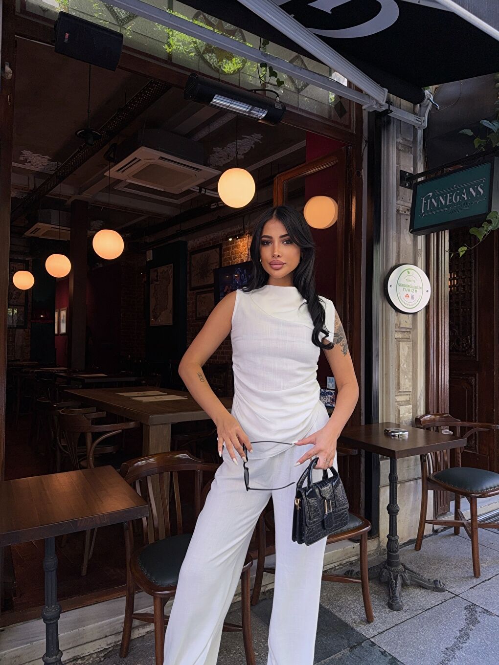 Beyaz Pantalon Asimetrik Bluz Keten Takım-2