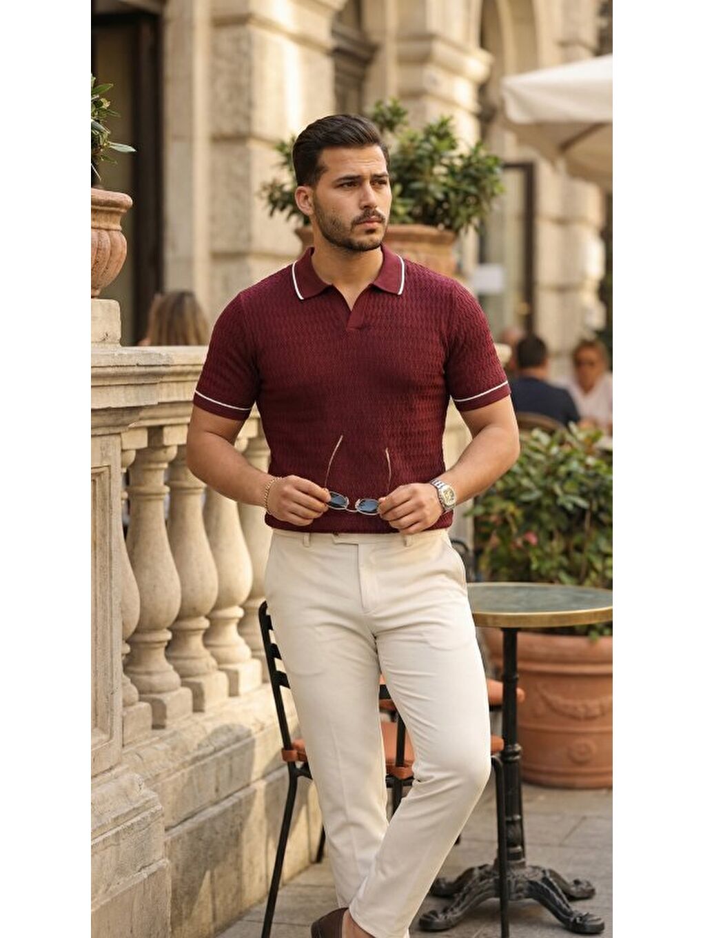 Bordo Erkek Zikzak Dokulu Yakalı Kısa Kollu Triko-1