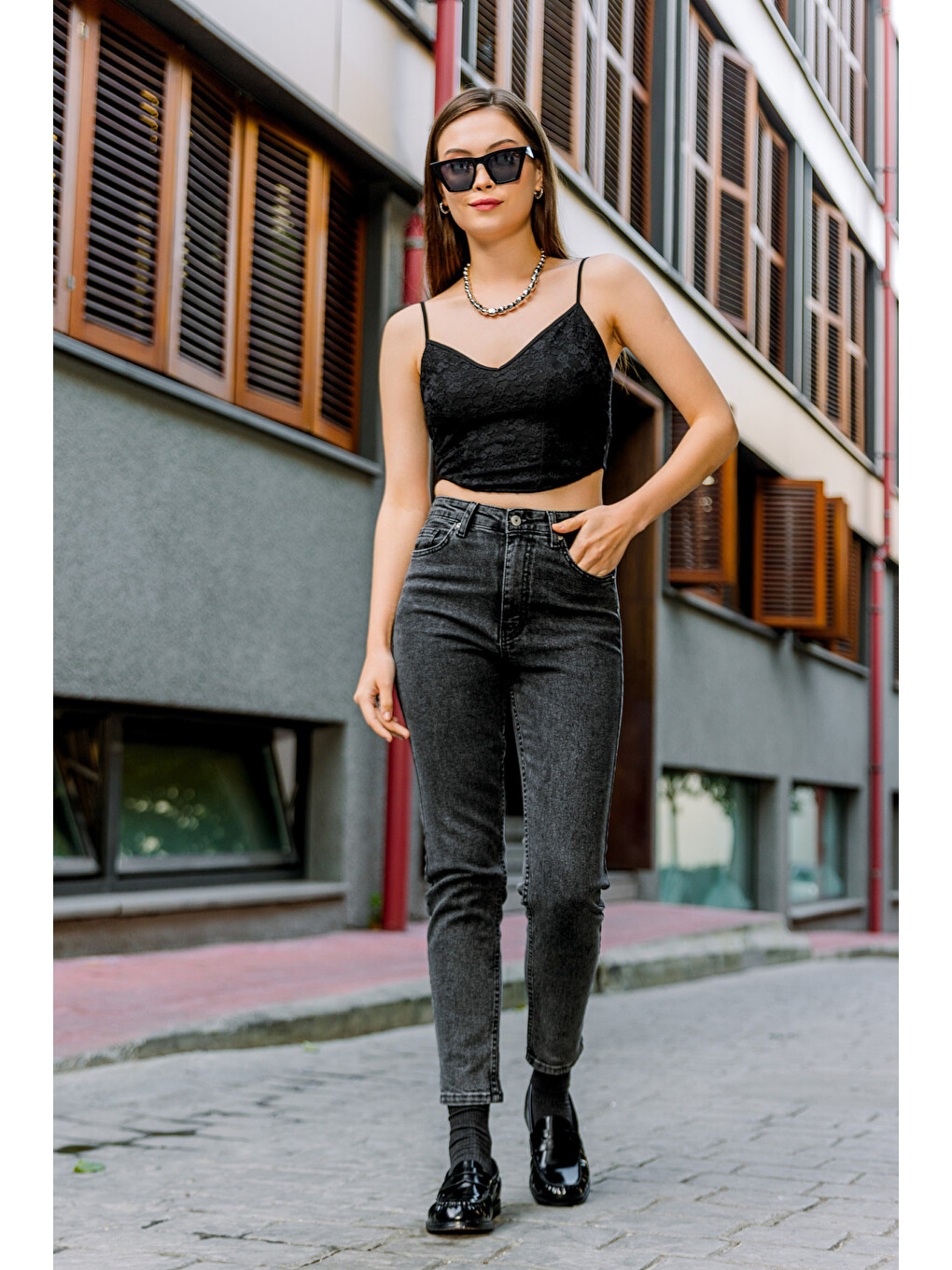 Antrasit Yüksek Bel, Esnek Skinny Denim Dar Kalıp Mom Jean Kadın Jean Pantolon @cremona