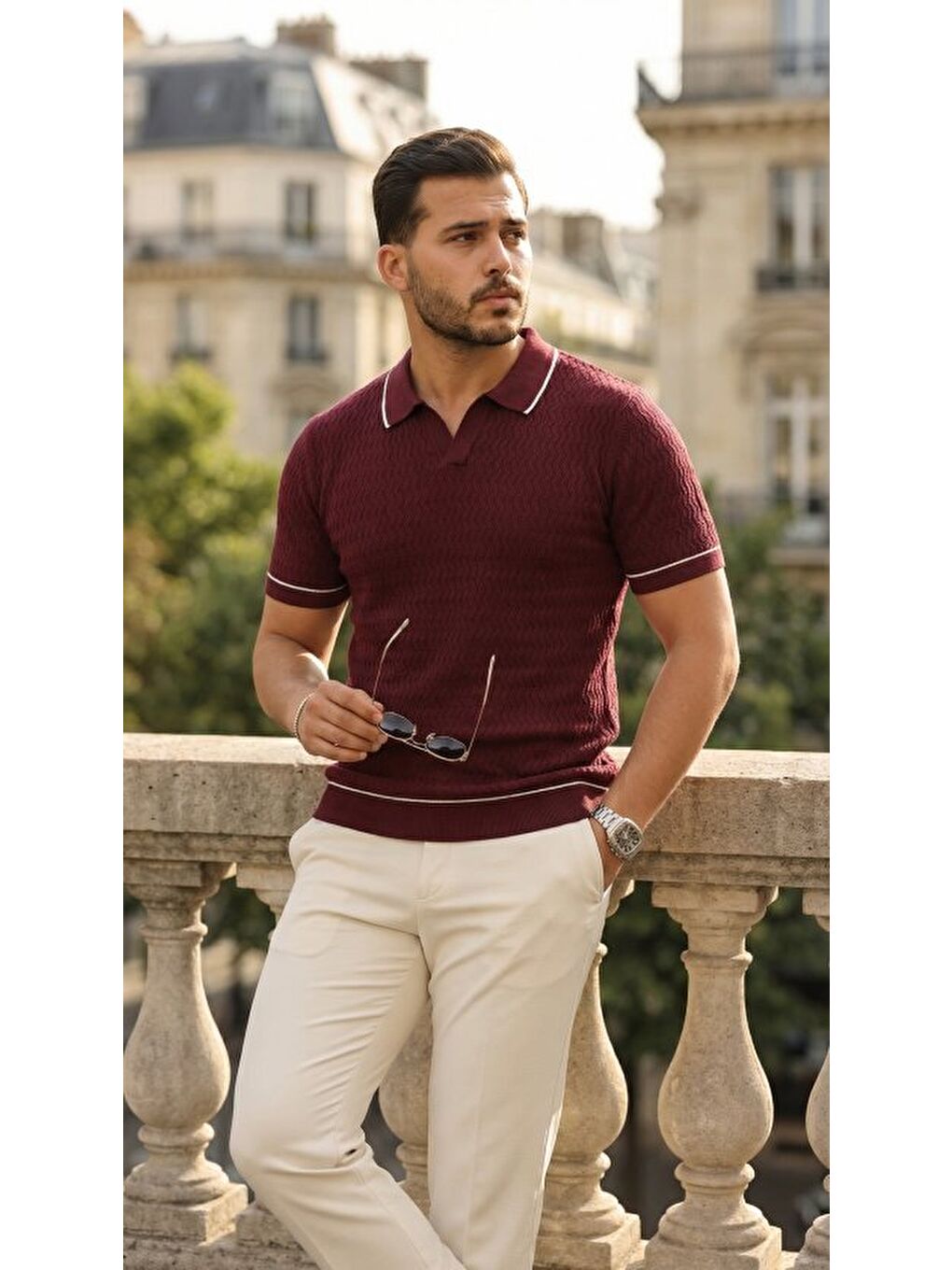 Bordo Erkek Zikzak Dokulu Yakalı Kısa Kollu Triko-2