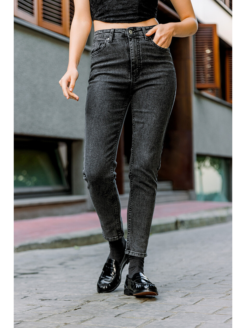 Antrasit Yüksek Bel, Esnek Skinny Denim Dar Kalıp Mom Jean Kadın Jean Pantolon @cremona-1