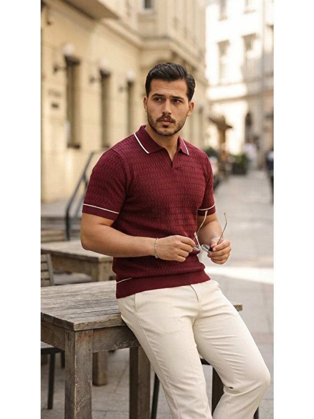 Bordo Erkek Zikzak Dokulu Yakalı Kısa Kollu Triko-3