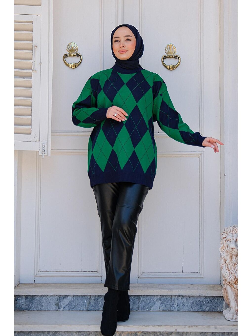 Baklava Desen Triko Kazak Zümrüt Yeşil-1