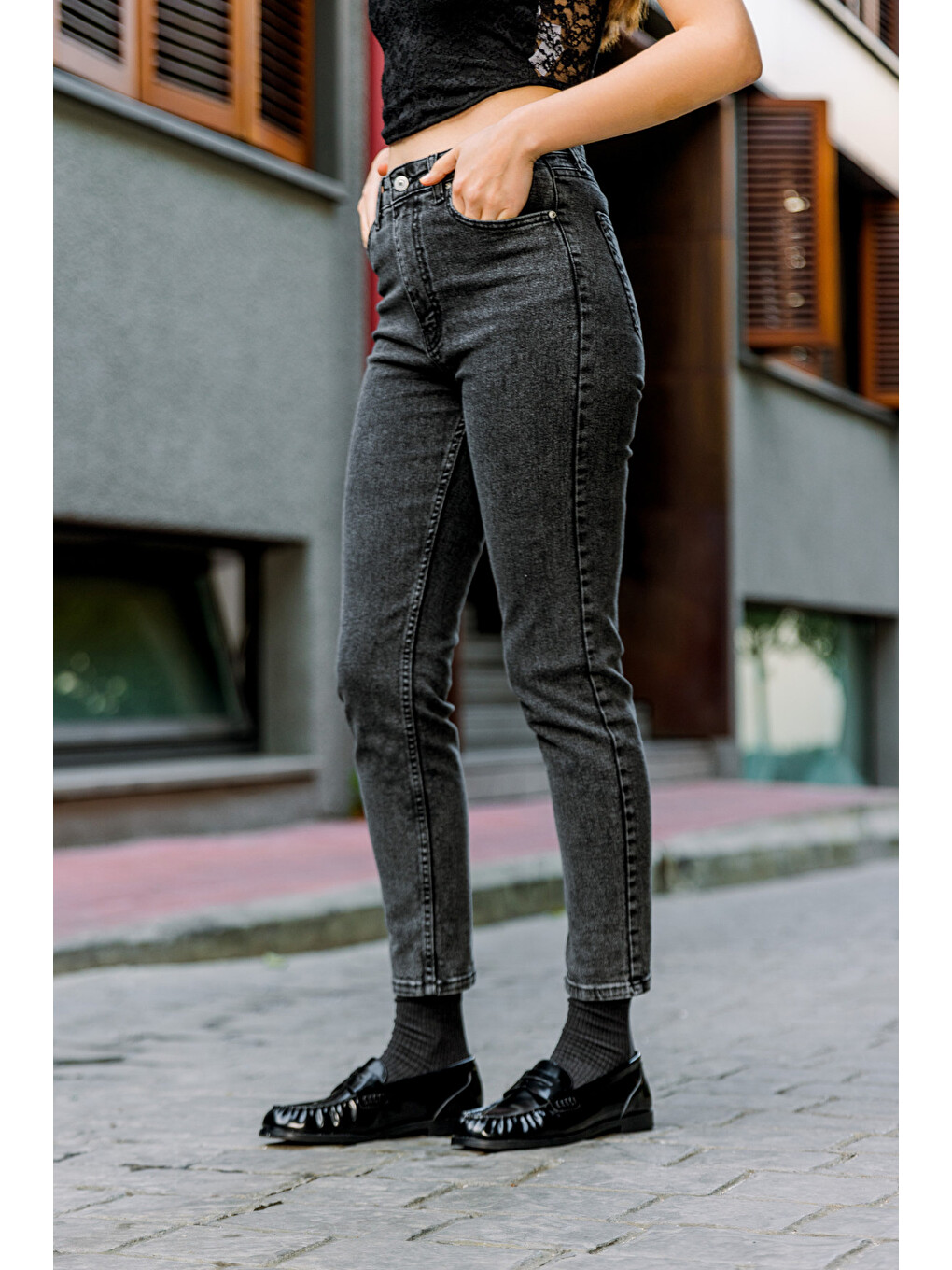 Antrasit Yüksek Bel, Esnek Skinny Denim Dar Kalıp Mom Jean Kadın Jean Pantolon @cremona-2