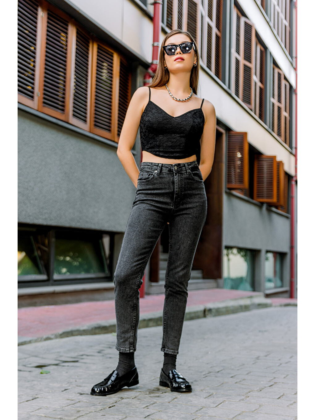 Antrasit Yüksek Bel, Esnek Skinny Denim Dar Kalıp Mom Jean Kadın Jean Pantolon @cremona-3