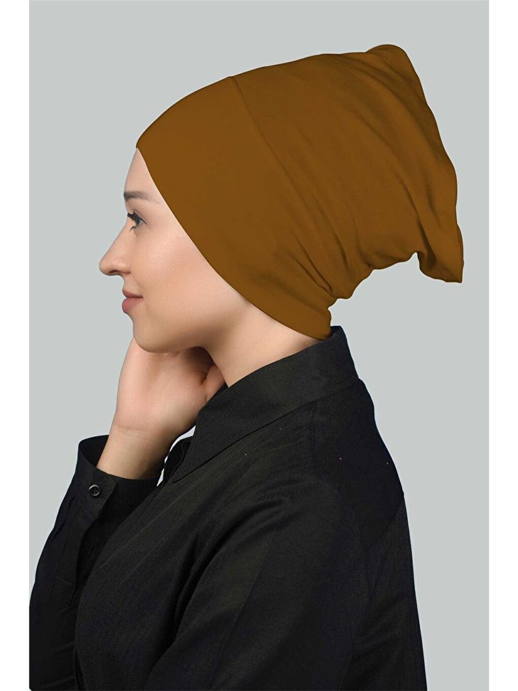 Kahverengi Hazır Pratik Geçmeli Uzun Boru Tesettür Bonesi-2