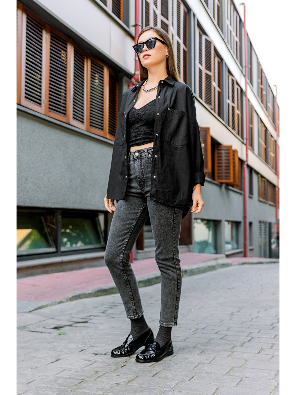 Antrasit Yüksek Bel, Esnek Skinny Denim Dar Kalıp Mom Jean Kadın Jean Pantolon @cremona-5