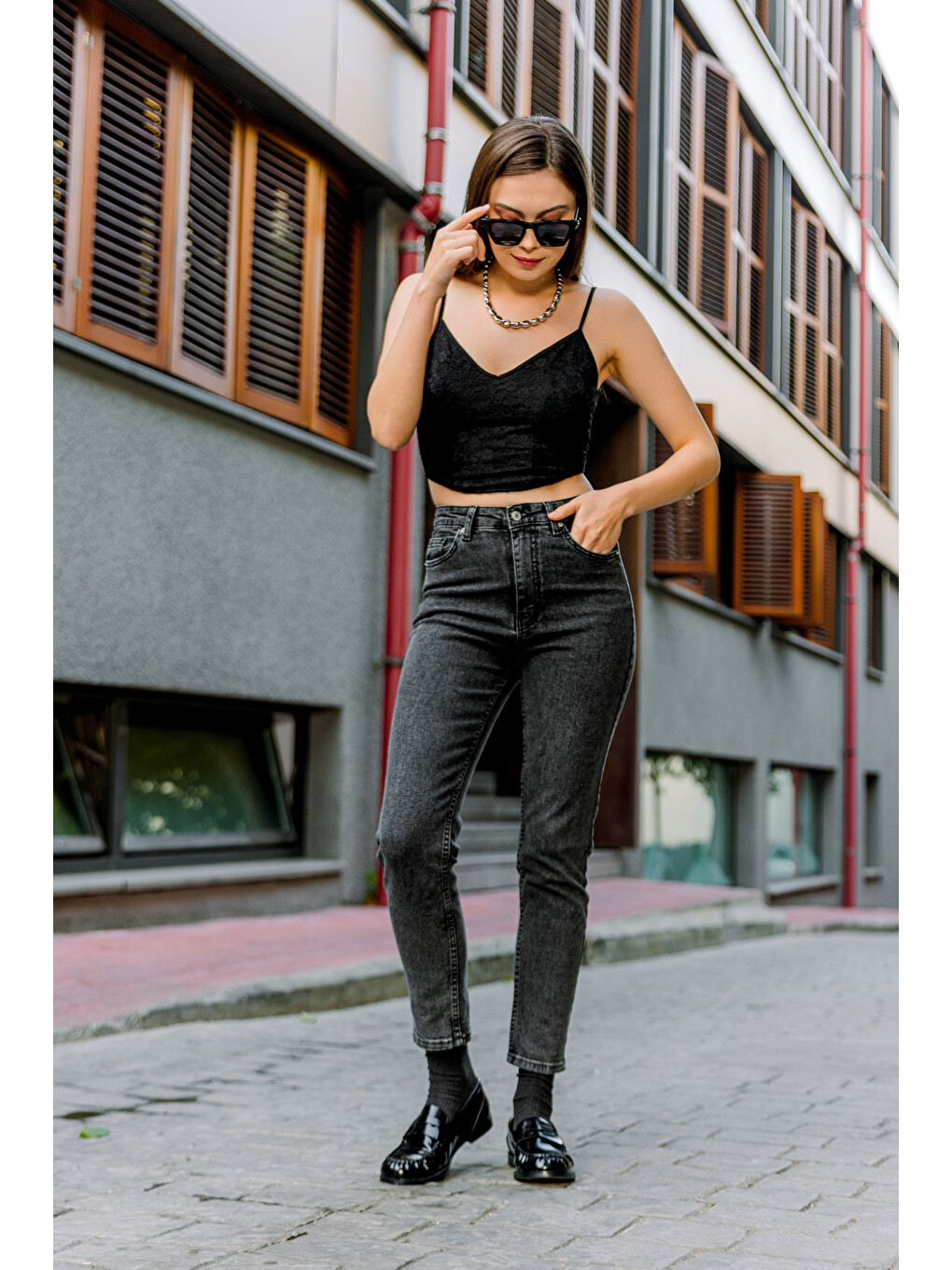 Antrasit Yüksek Bel, Esnek Skinny Denim Dar Kalıp Mom Jean Kadın Jean Pantolon @cremona-6