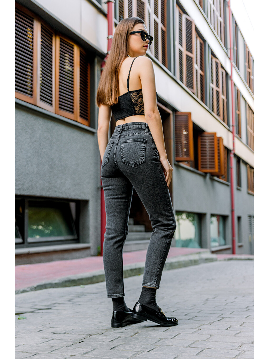 Antrasit Yüksek Bel, Esnek Skinny Denim Dar Kalıp Mom Jean Kadın Jean Pantolon @cremona-7