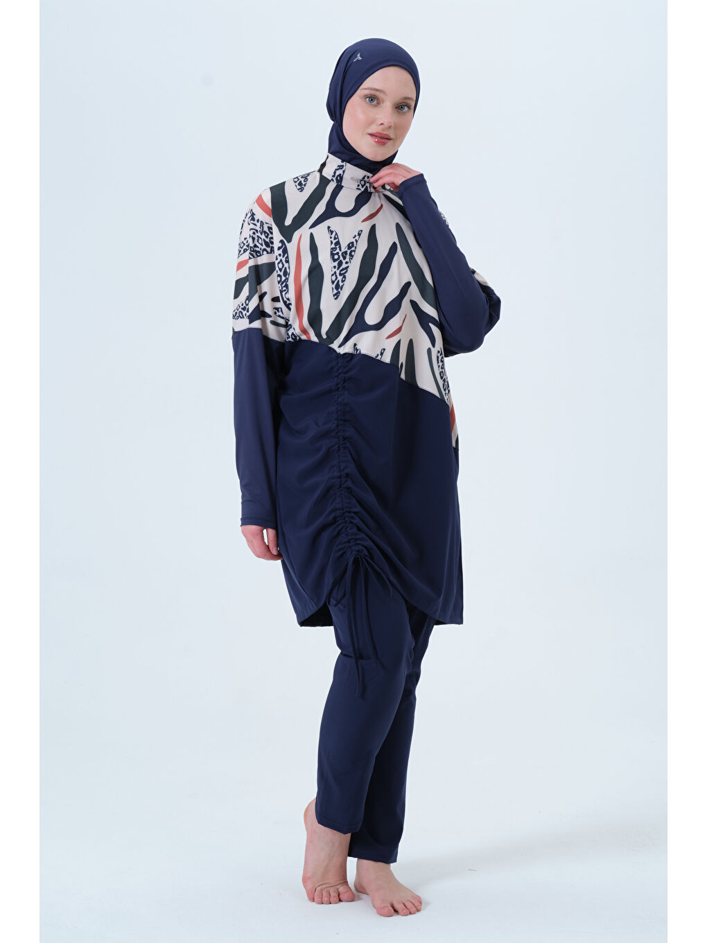 Lacivert Kadın Dik Yaka Yarasa Kol Elastanlı Kapalı Hızlı Kuruyan Tesettür Mayo-2