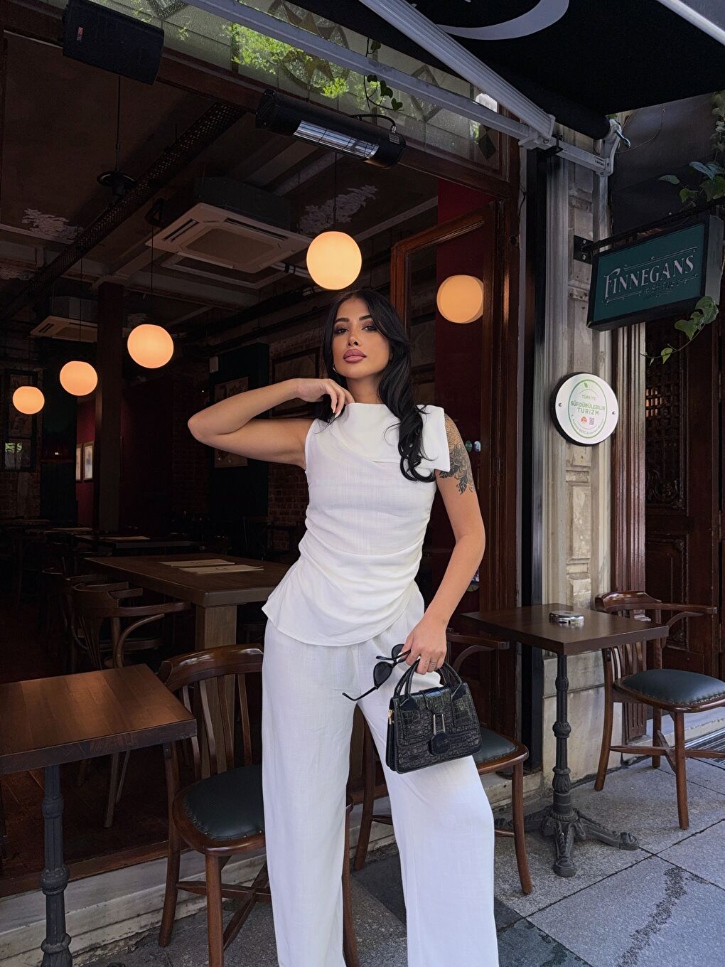 Beyaz Pantalon Asimetrik Bluz Keten Takım-3