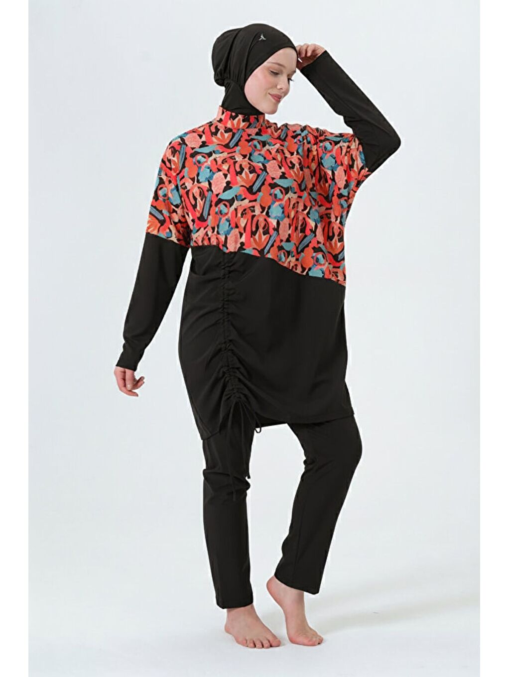 Siyah Kadın Desenli Elastanlı Hızlı Kuruyan Dik Yaka Yarasa Kol Tam Kapalı Tesettür Mayo-2