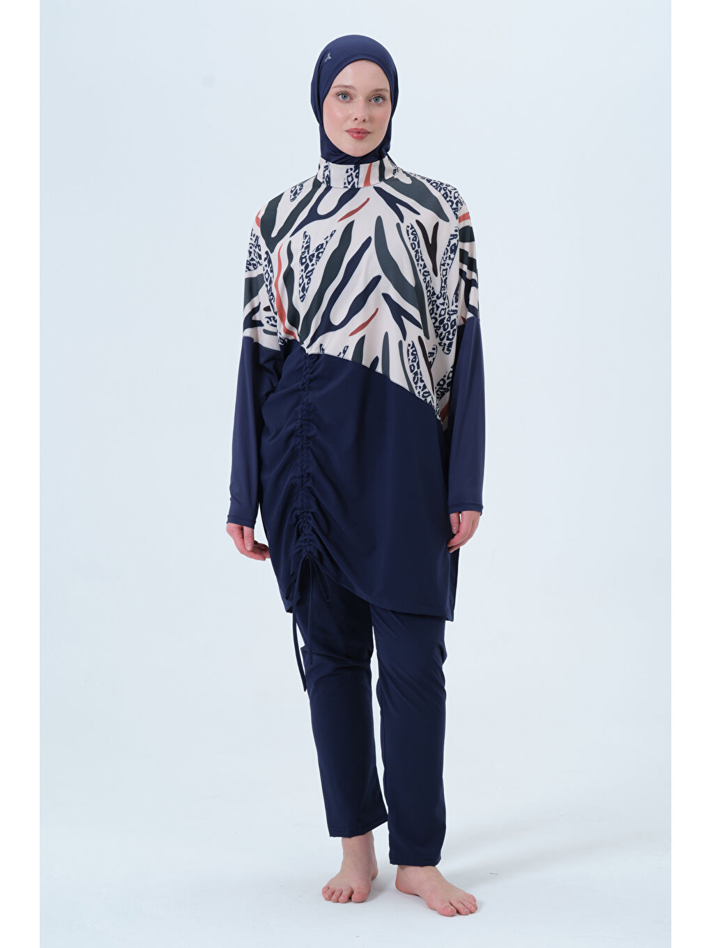 Lacivert Kadın Dik Yaka Yarasa Kol Elastanlı Kapalı Hızlı Kuruyan Tesettür Mayo-3