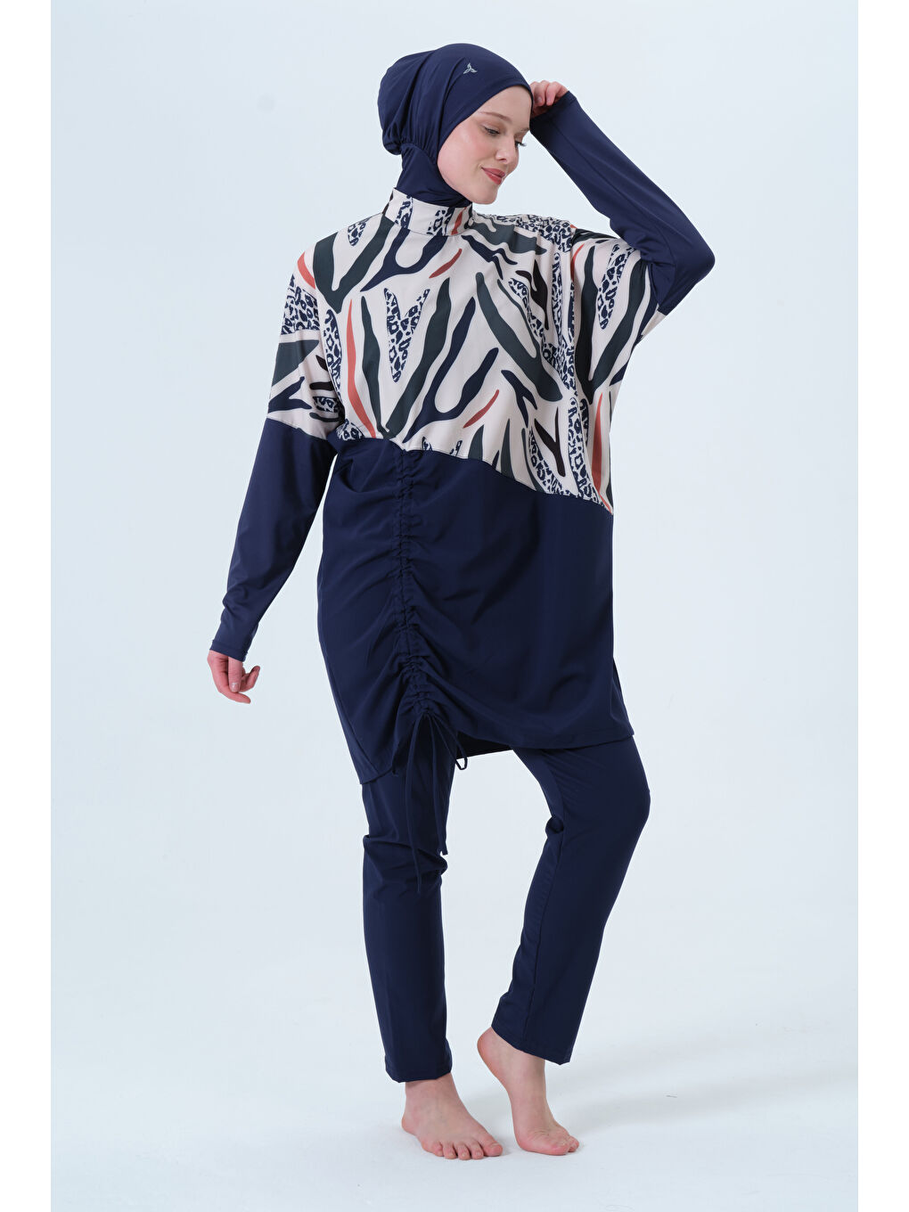 Lacivert Kadın Dik Yaka Yarasa Kol Elastanlı Kapalı Hızlı Kuruyan Tesettür Mayo-4