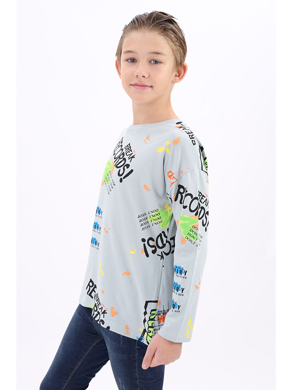 Gri Erkek Çocuk Baskılı Tişört-1