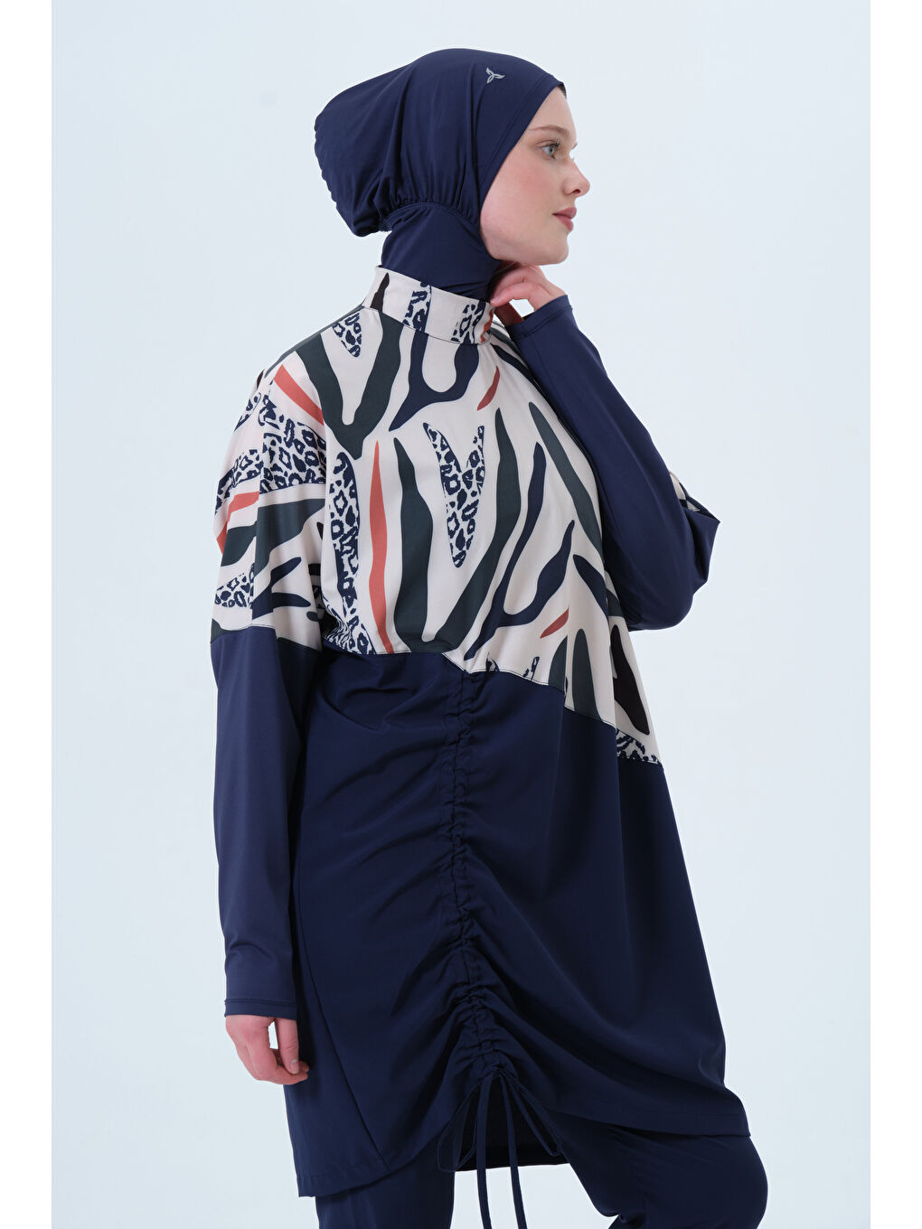 Lacivert Kadın Dik Yaka Yarasa Kol Elastanlı Kapalı Hızlı Kuruyan Tesettür Mayo-5