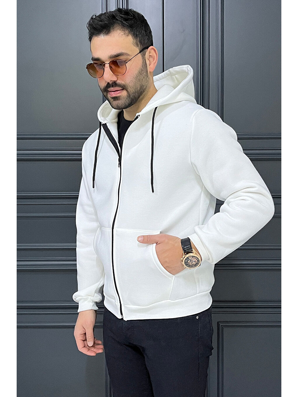 Mishar İtalia Beyaz Kapüşonlu Fermuarlı 3 İplik Şardonlu Sweatshirt - 1