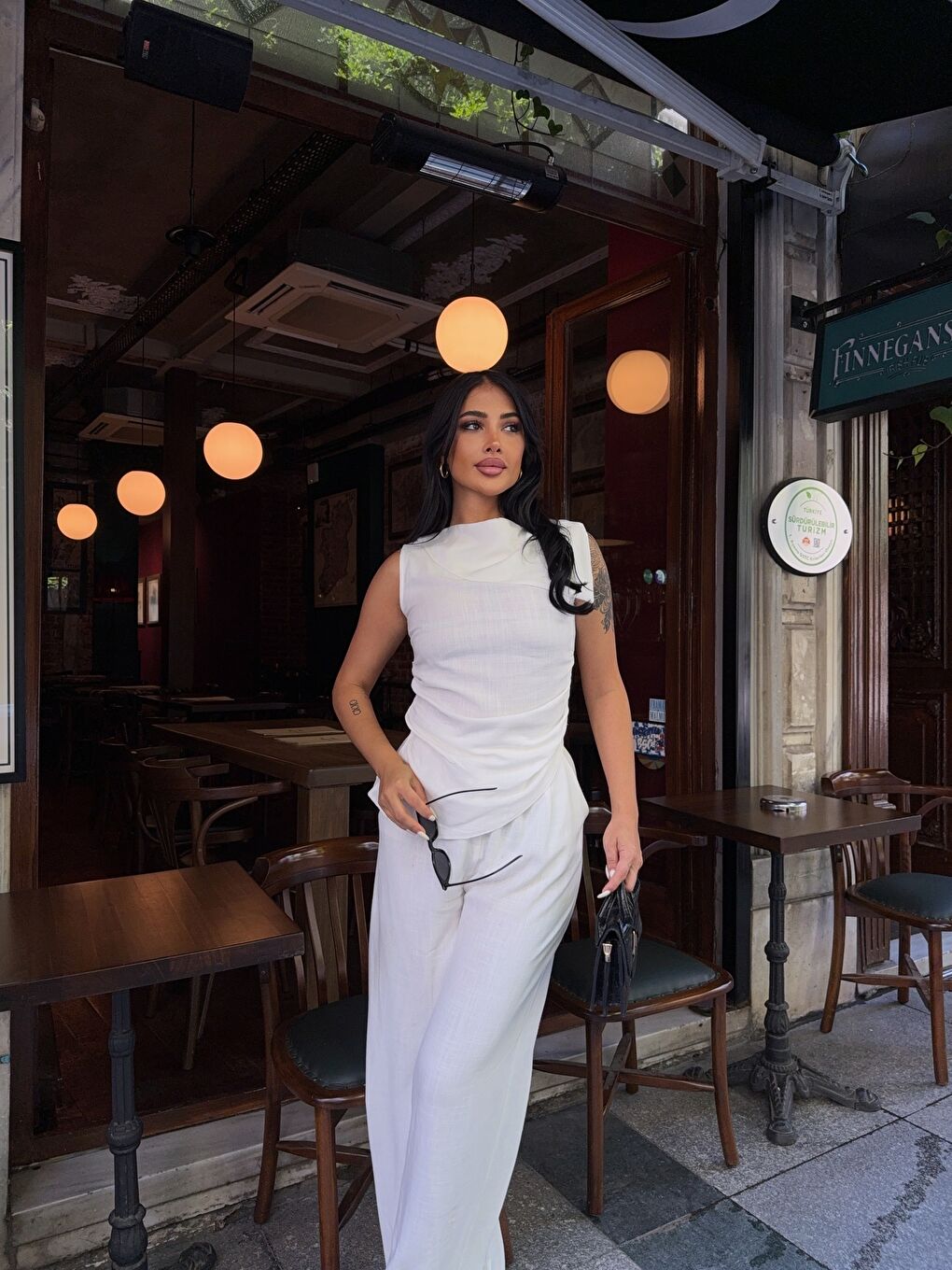 Beyaz Pantalon Asimetrik Bluz Keten Takım-4