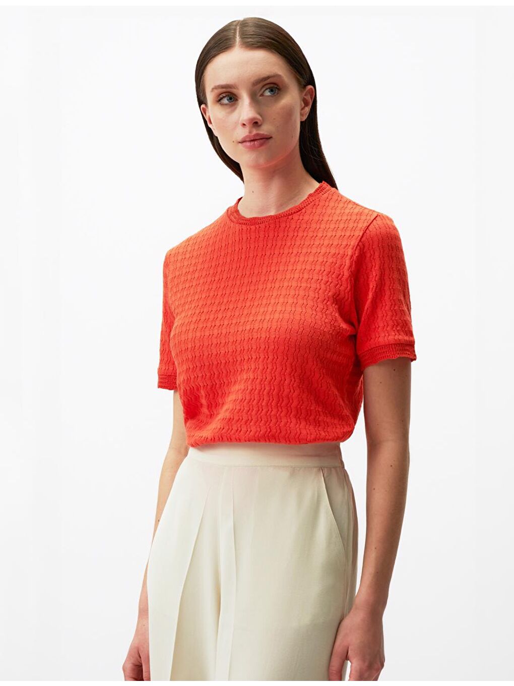 Turuncu Kısa Kollu Ajurlu Pamuklu Tişört-2